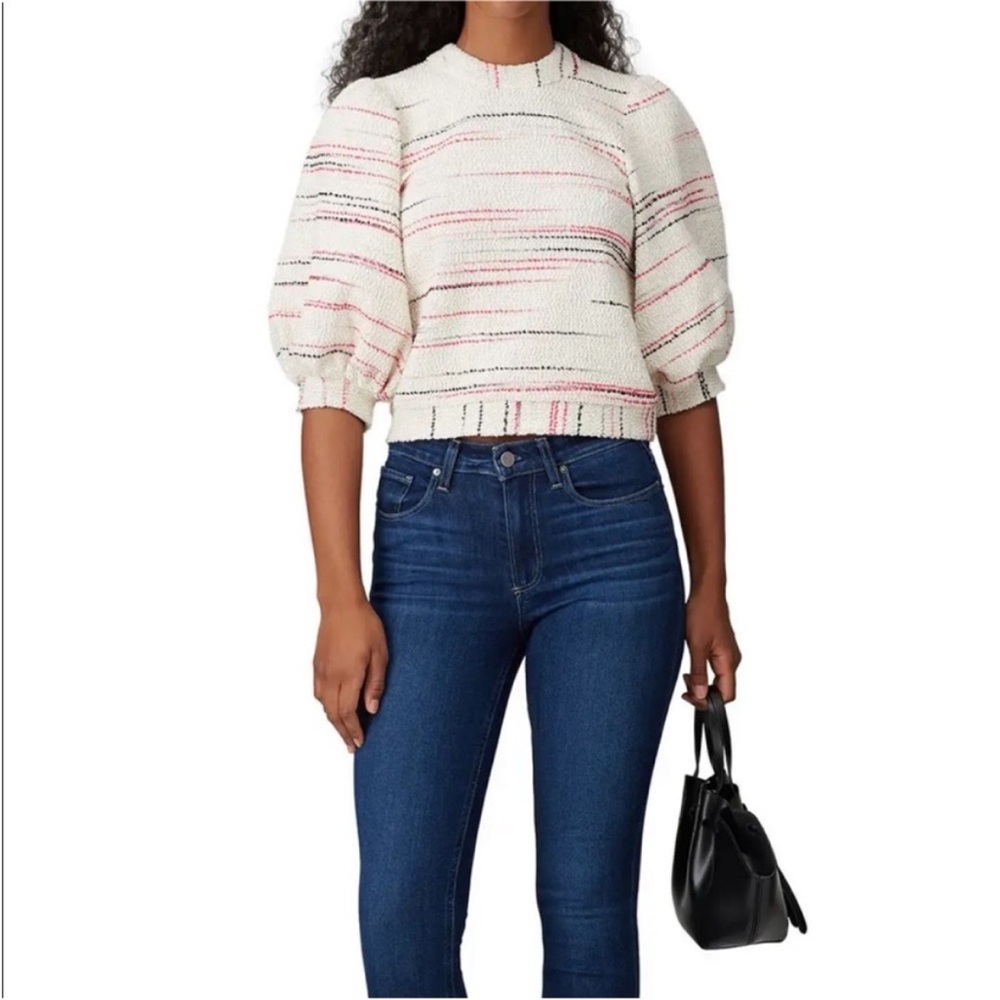 HUNTER BELL Cream Tweed Puff-Sleeve Sweater with Pink & Black Accents